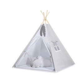 MEGA SET: Kids Teepee tent + playmat + pillows + decorative feathers FREE!- White dots on Gray