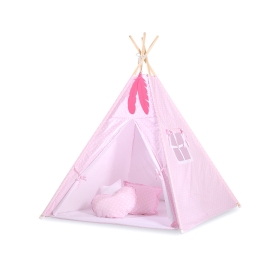 MEGA SET: Kids Teepee tent + playmat + pillows + decorative feathers FREE! - White dots on pink