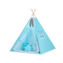 MEGA SET: Kids Teepee tent + playmat + pillows + decorative feathers FREE! - White dots on turquoise