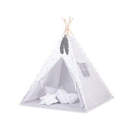 MEGA SET: Kids Teepee tent + playmat + pillows + decorative feathers- Gray arrows
