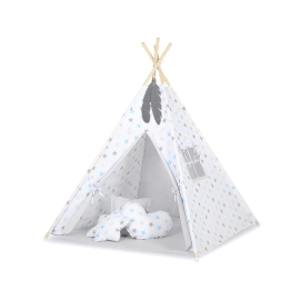 MEGA SET: Kids Teepee tent + playmat + pillows + decorative feathers- Stars blue-Gray/Gray