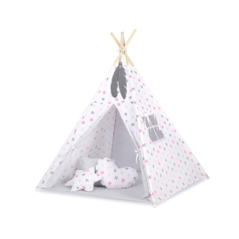 MEGA SET: Kids Teepee tent + playmat + pillows + decorative feathers- Stars pink-Gray/Gray