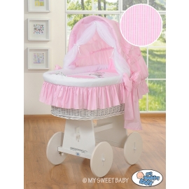 Moses Basket on Wheels from My Sweet Baby Wicker crib with hood- Donkey Luca pink