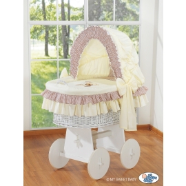Moses Basket on Wheels - My Sweet Baby Wicker crib with hood- Bear with bow brown
