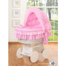 Moses Basket on Wheels - My Sweet Baby Wicker crib with hood- Bear with bow pink