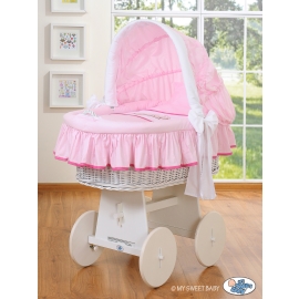 Moses Basket on Wheels - My Sweet Baby Wicker crib with hood- Teddy Bear Barnaba pink