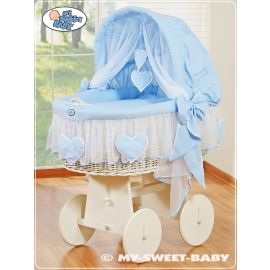 Moses Basket on Wheels - Wicker crib with hood- Amelie blue