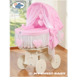 Moses Basket on Wheels - Wicker crib with hood- Amelie pink