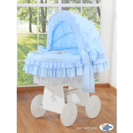Moses Basket on Wheels - Wicker crib with hood- Bear with bow blue