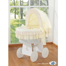 Moses Basket on Wheels - Wicker crib with hood- Bear with bow cream