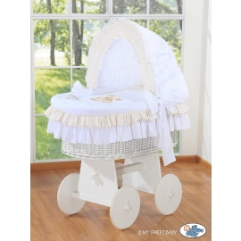 Moses Basket on Wheels - Wicker crib with hood- Bear with bow white