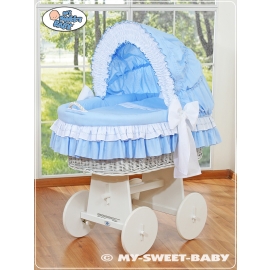 Moses Basket on Wheels - Wicker crib with hood- Bellamy blue