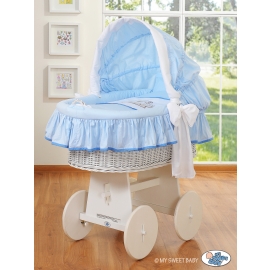 Moses Basket on Wheels - Wicker crib with hood- Teddy Bear Barnaba blau
