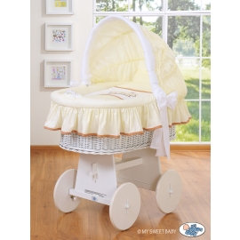 Moses Basket on Wheels - Wicker crib with hood- Teddy Bear Barnaba cream