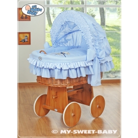 Moses Basket on Wheels - Wicker crib with hood- Teddy Bear with Bow blue