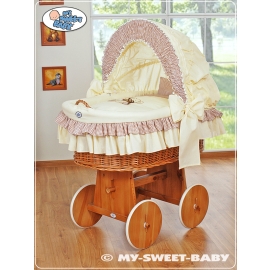 Moses Basket on Wheels - Wicker crib with hood- Teddy Bear with Bow brown