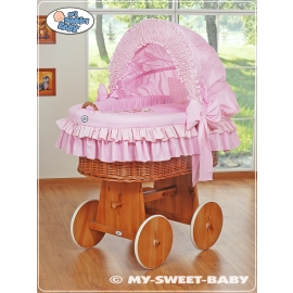 Moses Basket on Wheels - Wicker crib with hood- Teddy Bear with Bow pink