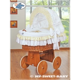 Moses Basket on Wheels - Wicker crib with hood- Teddy Bear with Bow white