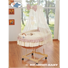 My Sweet Baby Moses Basket on Wheels / Wicker drape crib- Bear with bow brown