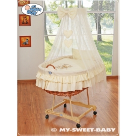 My Sweet Baby Moses Basket on Wheels / Wicker drape crib- Bear with bow cream