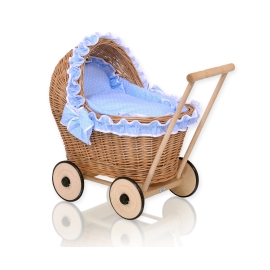 Natural Wicker and Wood Retro Style New Doll Pram  Bedding Set White Dots on Blue