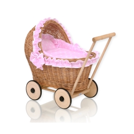 Natural Wicker and Wood Retro Style New Doll Pram  Bedding Set White Dots on Pink