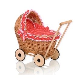 Natural Wicker and Wood Retro Style New Doll Pram  Red with White Dots