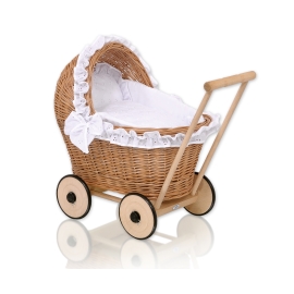 Natural Wicker and Wood Retro Style New Doll Pram White Bedding Set