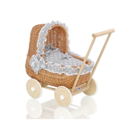 Natural Wicker Dolls Pram Basket Bedding Set White Dots on Gray