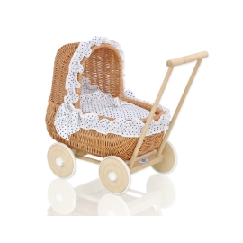 Natural Wicker Dolls Pram Basket Bedding Set White with Navy Blue Dots
