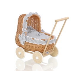 Natural Wicker Dolls Pram Basket Gray with White Dots Bedding Set