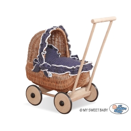 Natural Wicker Dolls Pram Basket Navy Blue Bedding with White Dots