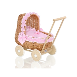 Natural Wicker Dolls Pram Basket Pink Bedding with White Dots