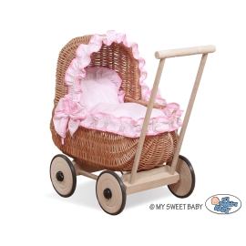 Natural Wicker Dolls Pram Basket Pink check Bedding