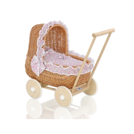 Natural Wicker Dolls Pram Basket Pink with White Dots Bedding Set