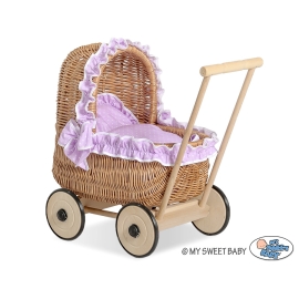 Natural Wicker Dolls Pram Basket Purple with White Dots Dolls Bedding