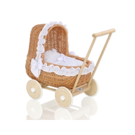 Natural Wicker Dolls Pram Basket White Bedding Set