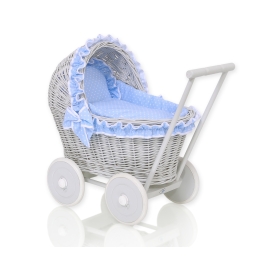 New Retro Style Gray Wicker Doll Pram/Stroller Handmade Bedding Set White Dots on Blue