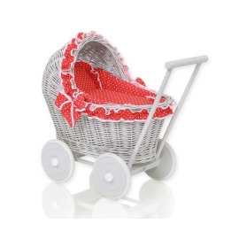 New Retro Style Gray Wicker Doll Pram/Stroller Handmade  Red with White Dots