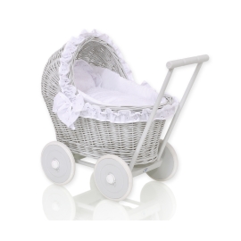 New Retro Style Gray Wicker Doll Pram/Stroller Handmade White Bedding Set