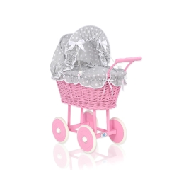 Pink Wicker Doll Carriage Pram Bedding Set White Dots on Gray