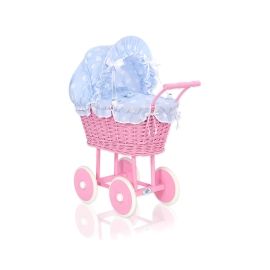 Pink Wicker Doll Carriage Pram Blue with Big White Dots