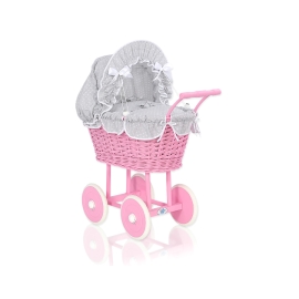 Pink Wicker Doll Carriage Pram Gray with White Dots Bedding Set
