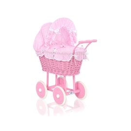Pink Wicker Doll Carriage Pram Pink Bedding with White Dots