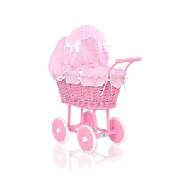 Pink Wicker Doll Carriage Pram Pink checkered Bedding