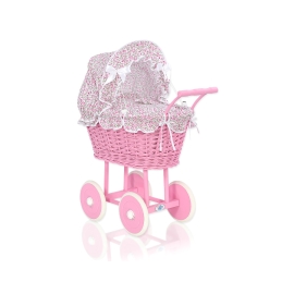 Pink Wicker Doll Carriage Pram Pink Flowers Bedding Set