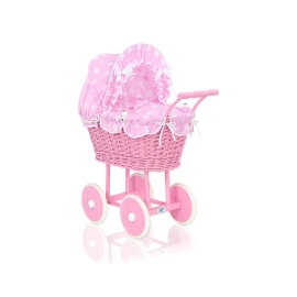 Pink Wicker Doll Carriage Pram Pink with Big White Dots Bedding Set