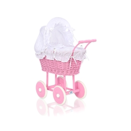 Pink Wicker Doll Carriage Pram White Bedding Set