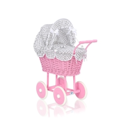 Pink Wicker Doll Carriage Pram White Gray Checkered