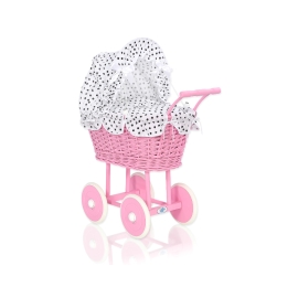 Pink Wicker Doll Carriage Pram White with Black Dots Bedding Set
